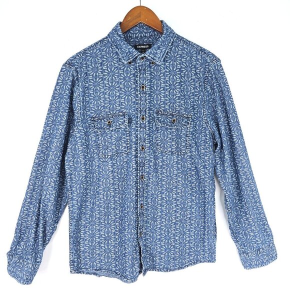 EXPRESS Chambray BLue Denim White Paisley Print Button Down Long Sleeve Shirt - Picture 1 of 9
